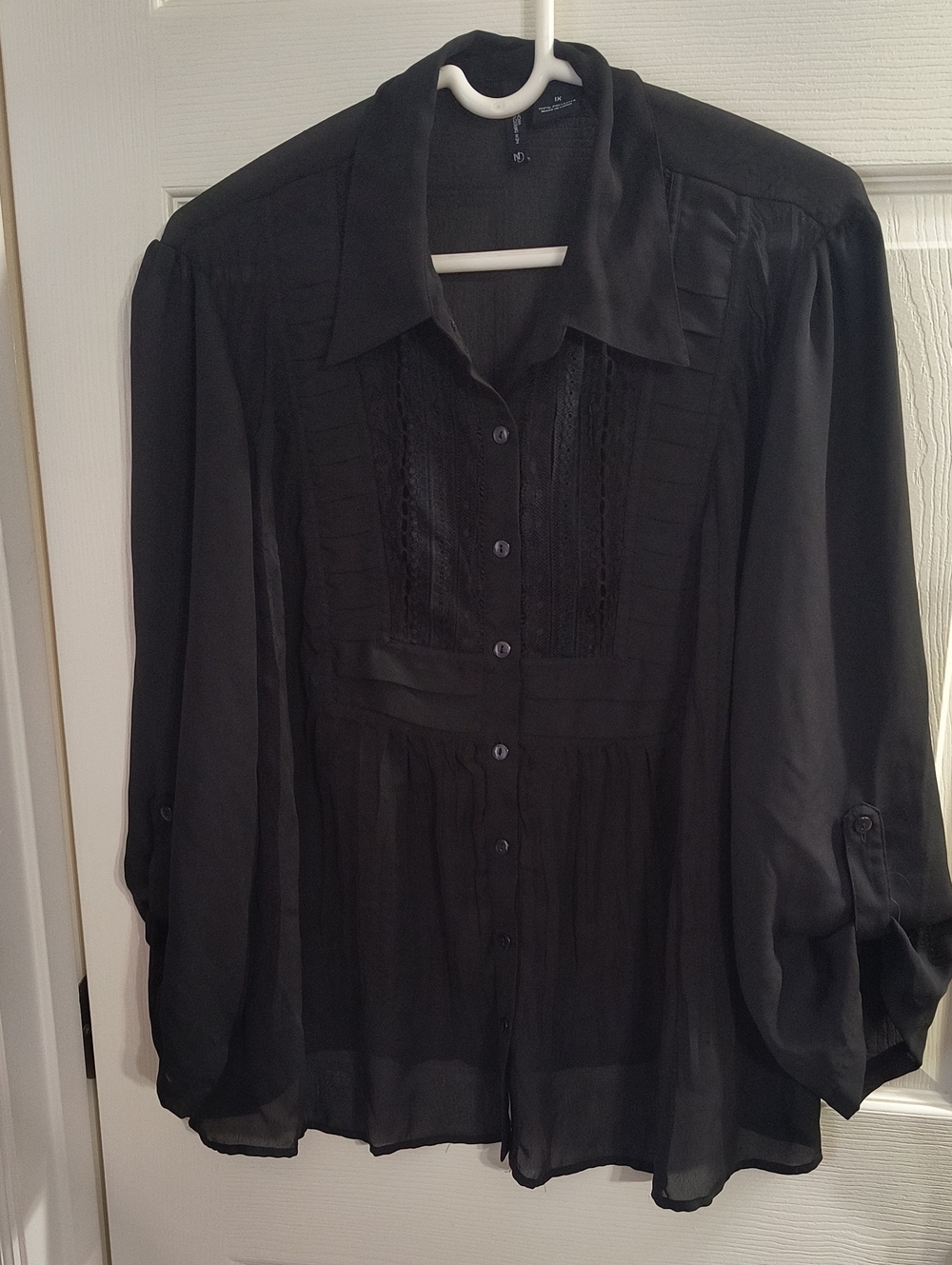 new directions Black Button-Front Pintuck & Lace Blouse
